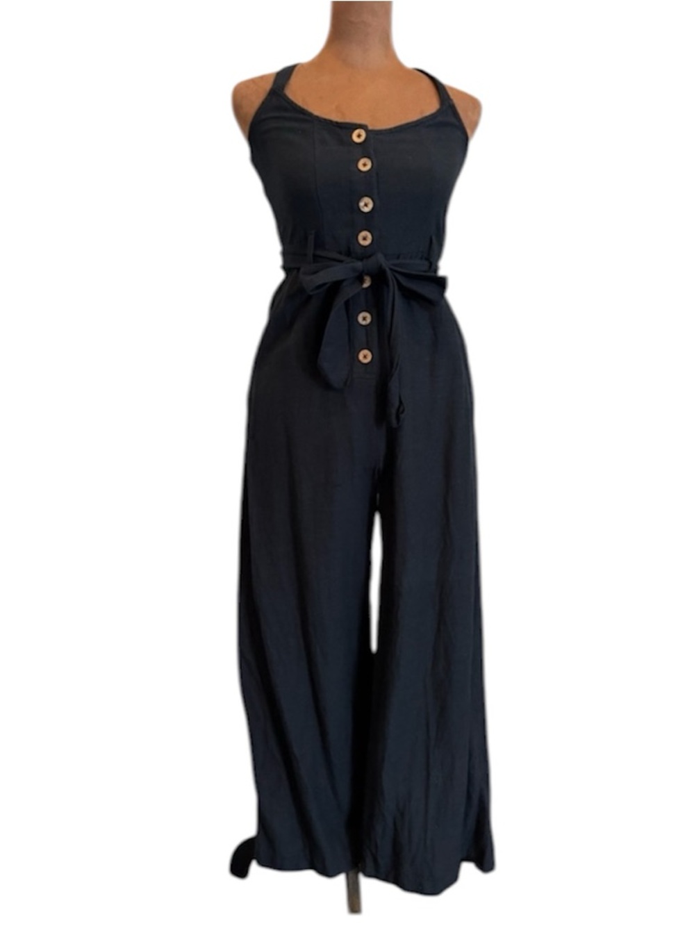 Roxy Black Linen Blend Wide Leg Jumpsuit XS Button Front Belted Pockets boho